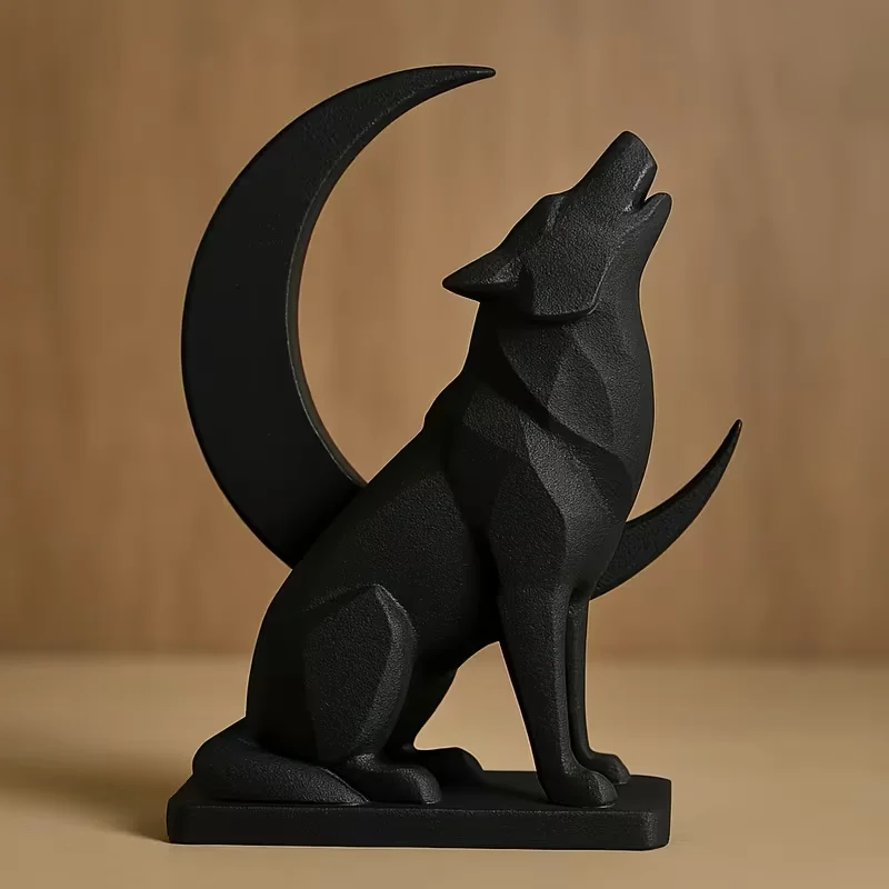 Gothic Wolf and Moon Statue - Black Wolf with Intricate Texture and Glowing Eyes, Night-Themed Desktop Decor
