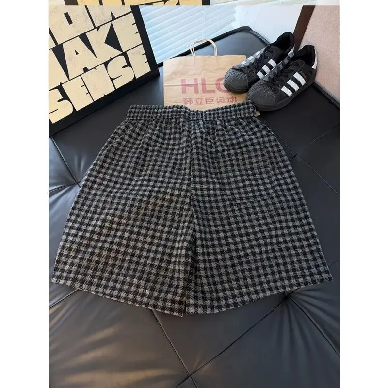 Men's Retro Grid Thin Shorts 90s Beach Vacation Summer Mini Pants Cool Boys Wide Leg Casual Bottom Male Knee Length Trousers