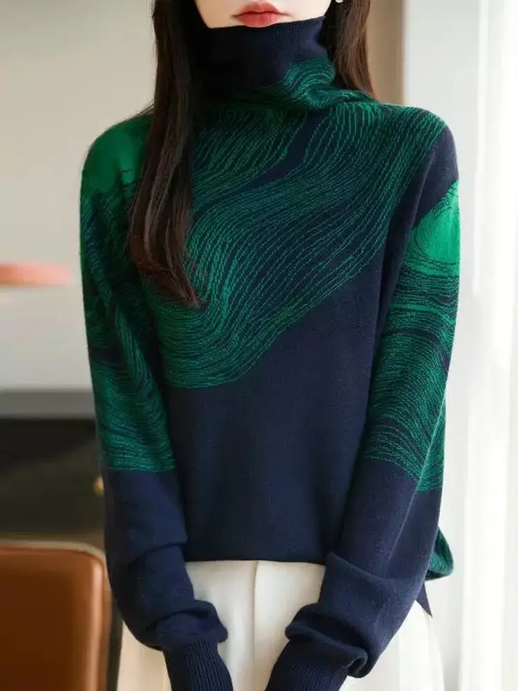 Maglione di lana alto autunno inverno donna sciolto lungo Sve Color Blo Base irt interno trendy confortevole caldo top lavorato a maglia