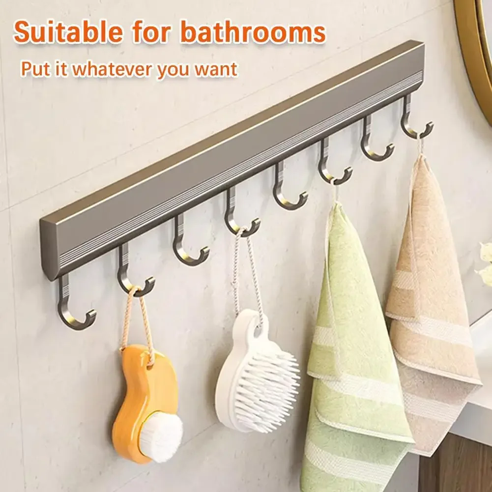 Wall Mounted Kitchen Hook Rack Self-adhesive Hangers Rail Sliding Kitchen Utensils Spoon Shovel Chopping Board Robe Towel Hooks