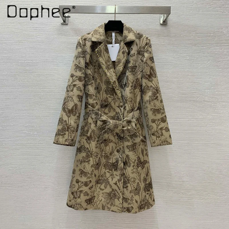 

Jacquard Rhinestone Suit Collar Trench Coat Double-breasted Long Sleeve Lace Up Jackets for Women Autumn Fashion Elegant