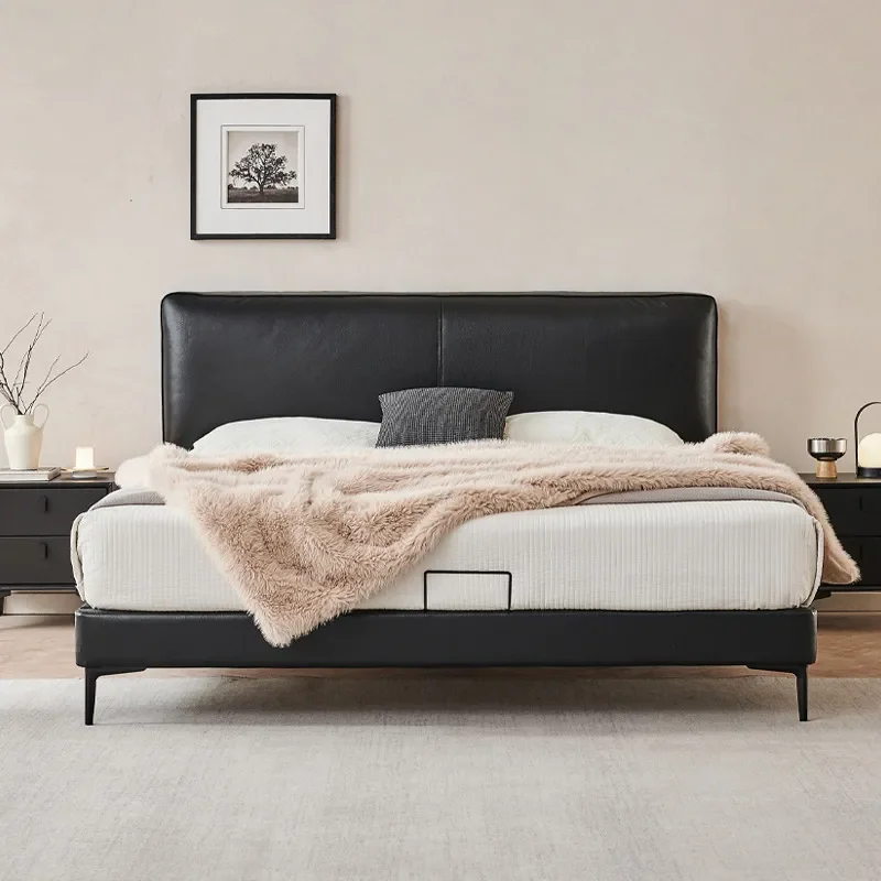for Little Black Cow Leather Bed Italian Minimalist Master Bedroom Double Bed Modern Simple Light Luxury Edge Ultra-thin