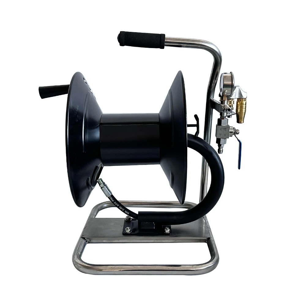 200FT 5000 Psi Hand Crank Heavy Duty Stainless Steel Hose Tube Reel Manual Pivoting Hose Reel for Power Washer Jet Wash