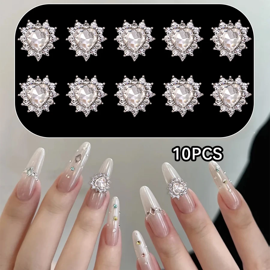 Silver Heart Rhinestones 10pcs Nail Art Decorations Crystal Charms Diamond Jewelry Gem Nail Parts Accessories Stones Manicure