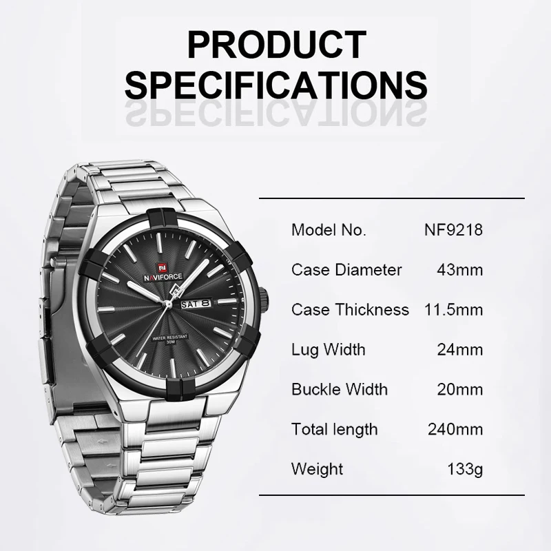 NAVIFORCE Military Sports Watch for Men Waterproof Male Clock Steel Band Quartz Day and Date Display Man Wristwatch Reloj Hombre