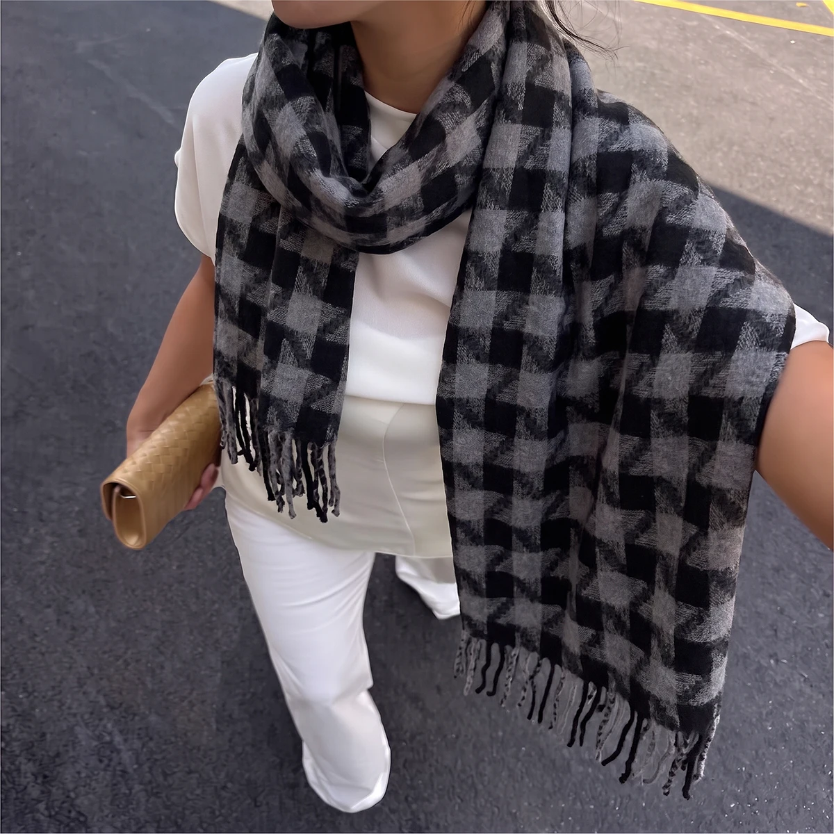 Women Classic Houndstooth Long Scarf Soft Fluffy Imitation Cashmere Fabric With Chunky Tassels Warm Cozy Oversized Shawl