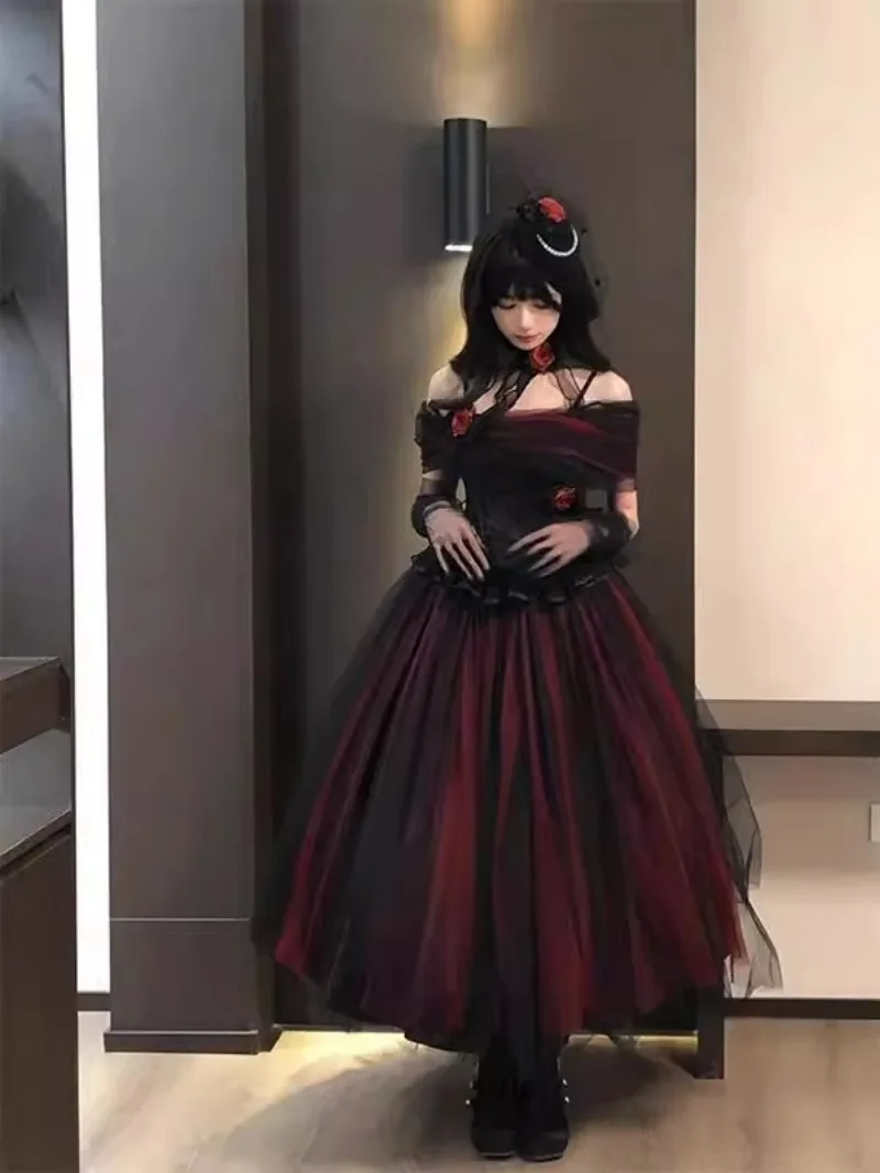 Japanese Spring Summer Red and Black Veil Lolita Birthday Banquet Adult Dress Three-dimensional Flower Color Scheme Dress Women