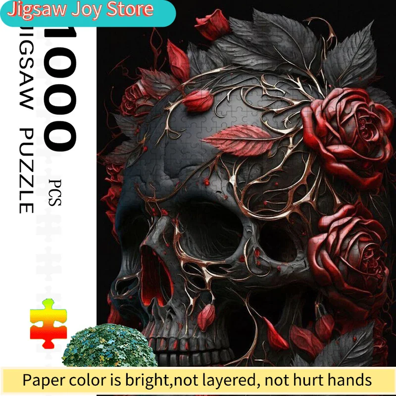 1000pcs Colorful Skull Rose Jigsaw Puzzle, Family Interaction & Fun Gift, Vibrant Abstract Design, Floral Pattern Challenging