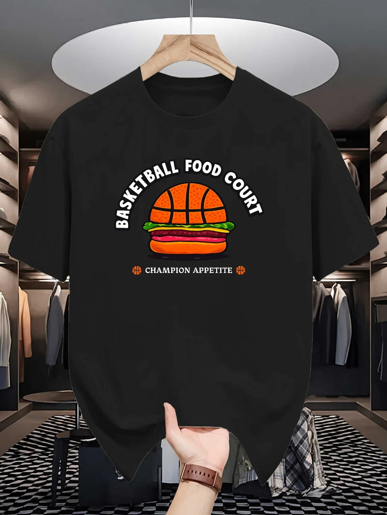 Men Mustard Crew Neck Tee Basketball Food Court Basketball Burger Hybrid Champion Appetite Funny Sport Food Casual Cotton Tops
