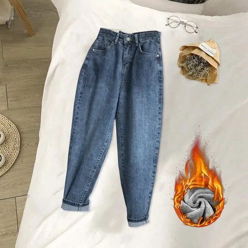 Thicken เอวสูงข้อเท้าความยาว Harem กางเกงฤดูหนาว Plush กํามะหยี่เรียงราย Pantalones Casual Denim กางเกงเกาหลีแฟชั่นผู้หญิง Vaqueros