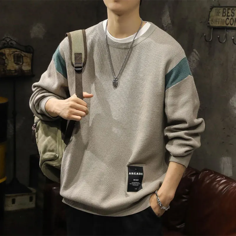 

Men's Clothing Korean Spliced Sweaters Casual Young Style Autumn Winter Contrasting Colors Chic Patch Designs Knitted Pullovers