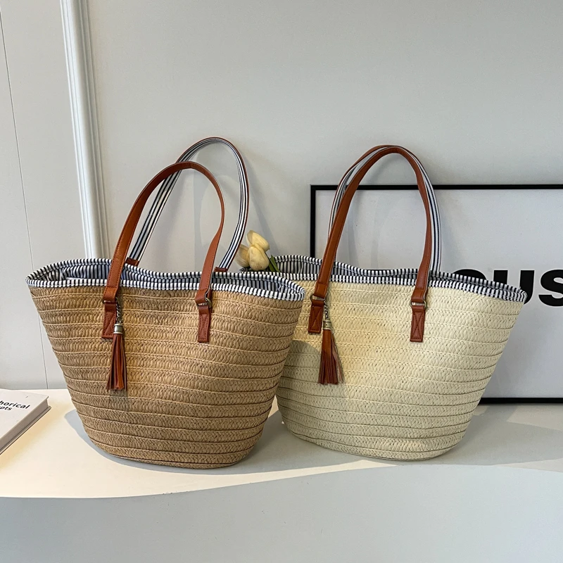 Straw Braid Solid Large Capacity Shoulder Bags Simple Casual Vacation Tassel Bags for Women 2024 High Quality Hot Sale in Summer