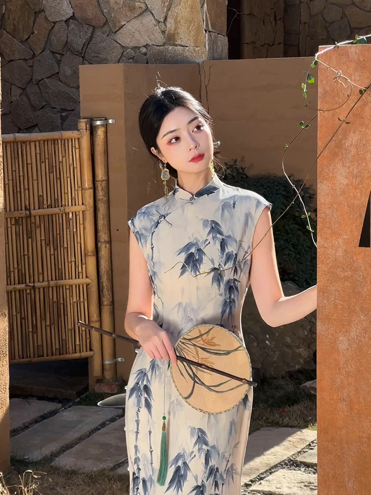 

New Chinese Sle Long Qipao Dr Women's Spring Summer Faion Ele Plain Cut Ancient Method Water Bamboo e Dr