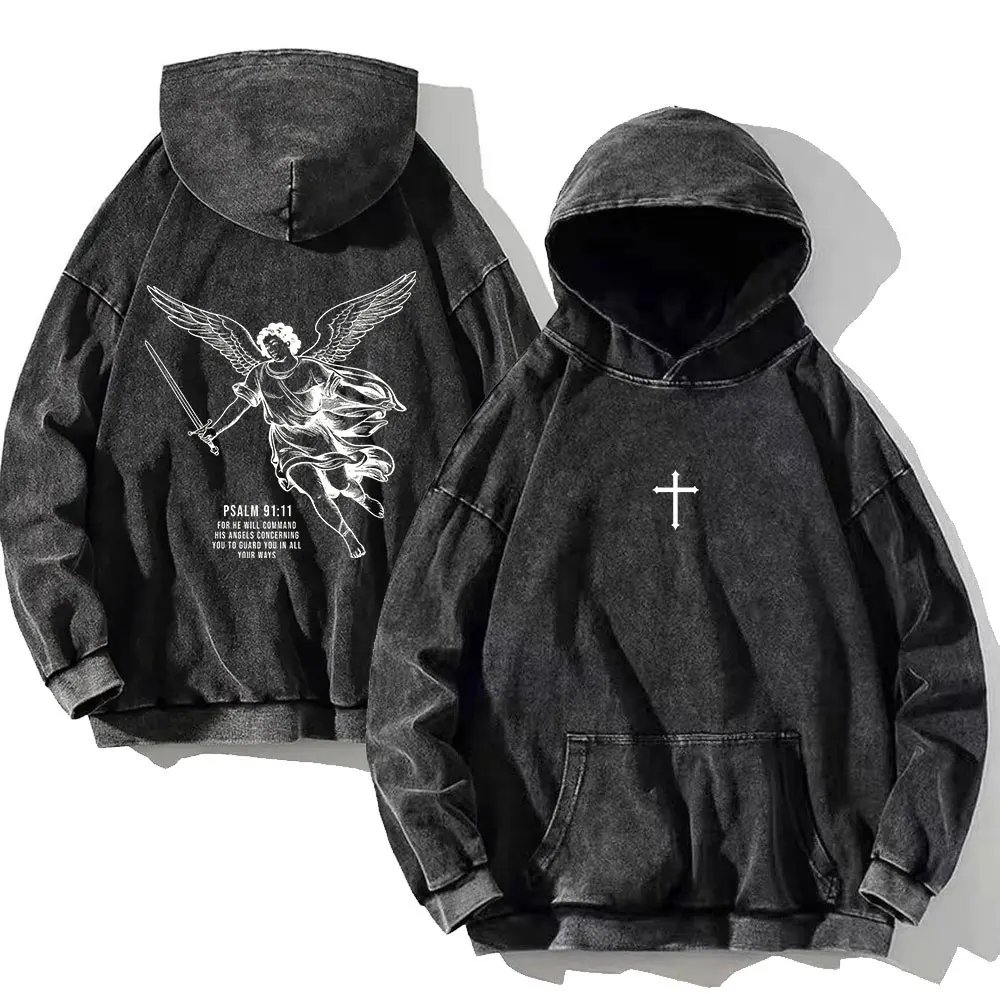 Vintage PSALM 91:11 Print Cotton Washed Hoodie Casual Hip Hop Men Women High Street Retro Hooded Sweatshirt Winter Pullover