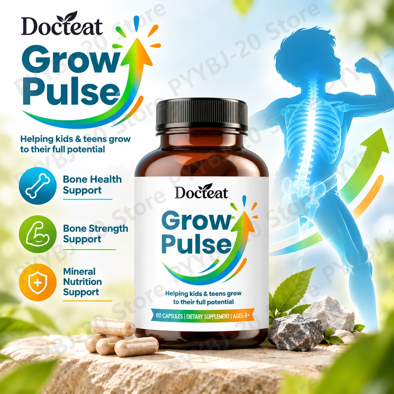 Docteat Teen Growth Support Capsules Bone Health Mineral Nutrition Bone Strength with Vitamin D3 K2 MK-7 Formula 60ct