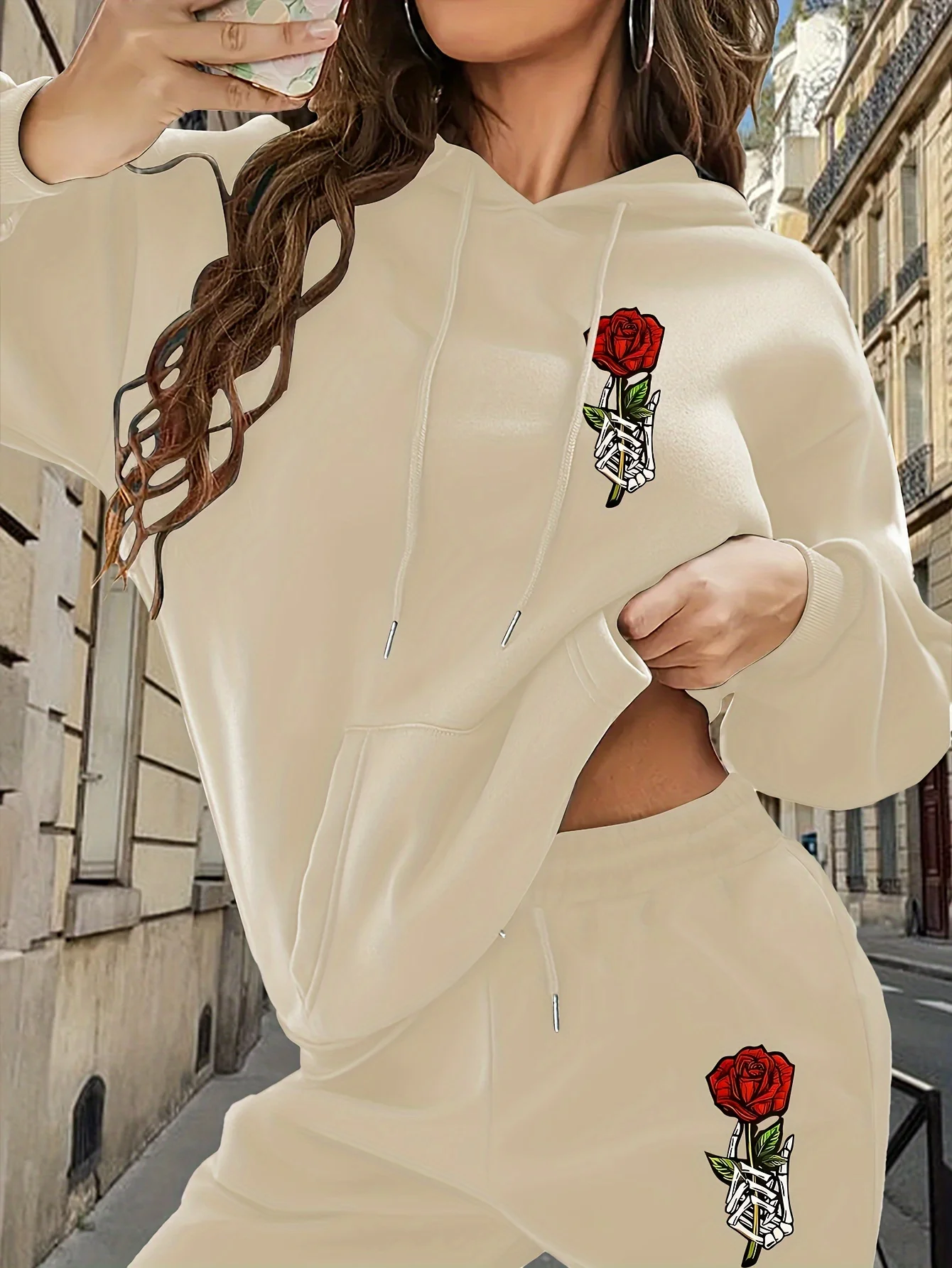 

women's autumn winter clothing Hoodies Sweatshirt Trackpants 2-piece set Rose print Cotton Fashion Oversized pullover and pants