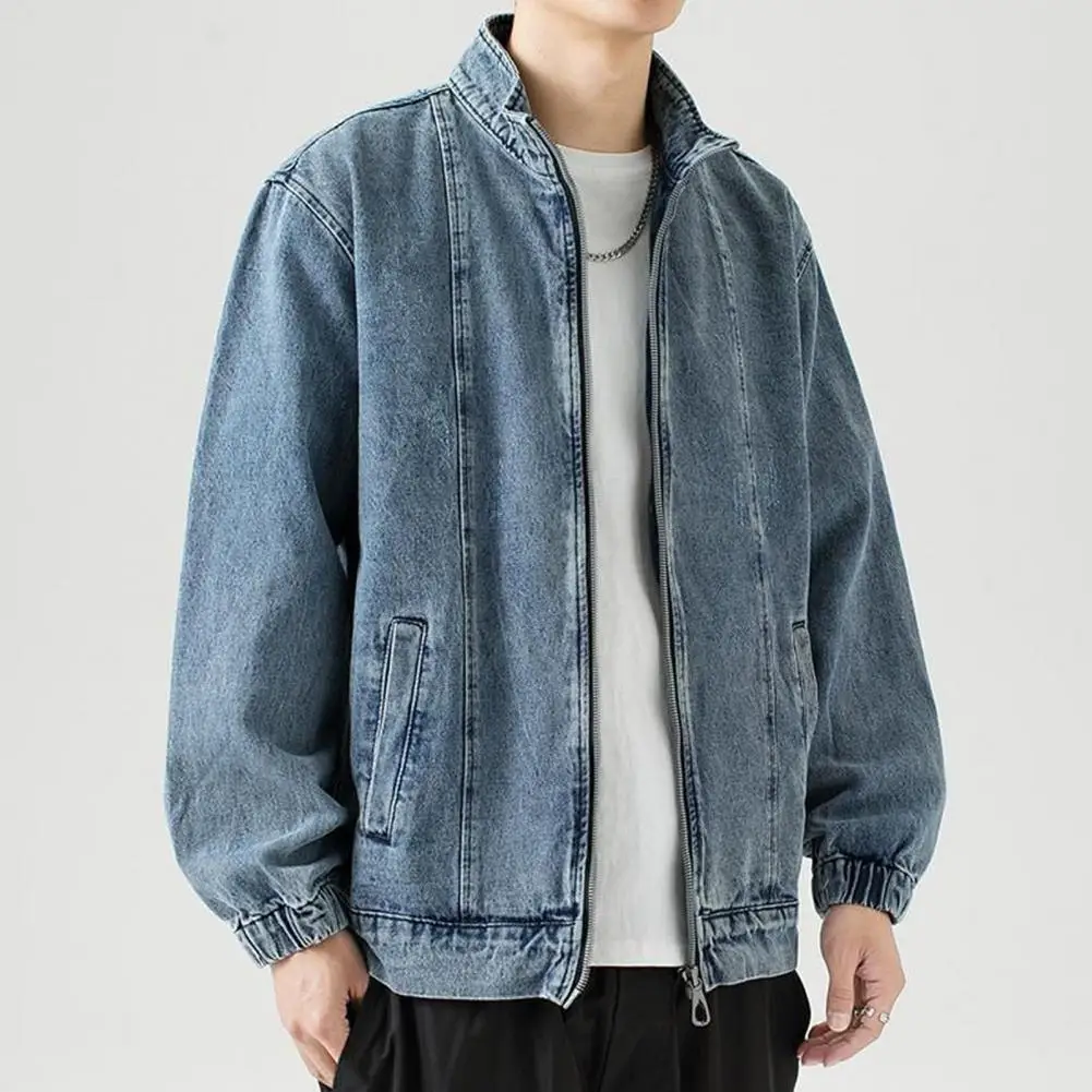 Men Loose Fit Jacket Versatile Men's Denim Jacket Lapel Long Sleeve Coat with Pockets Zipper Placket Loose Fit Solid Color