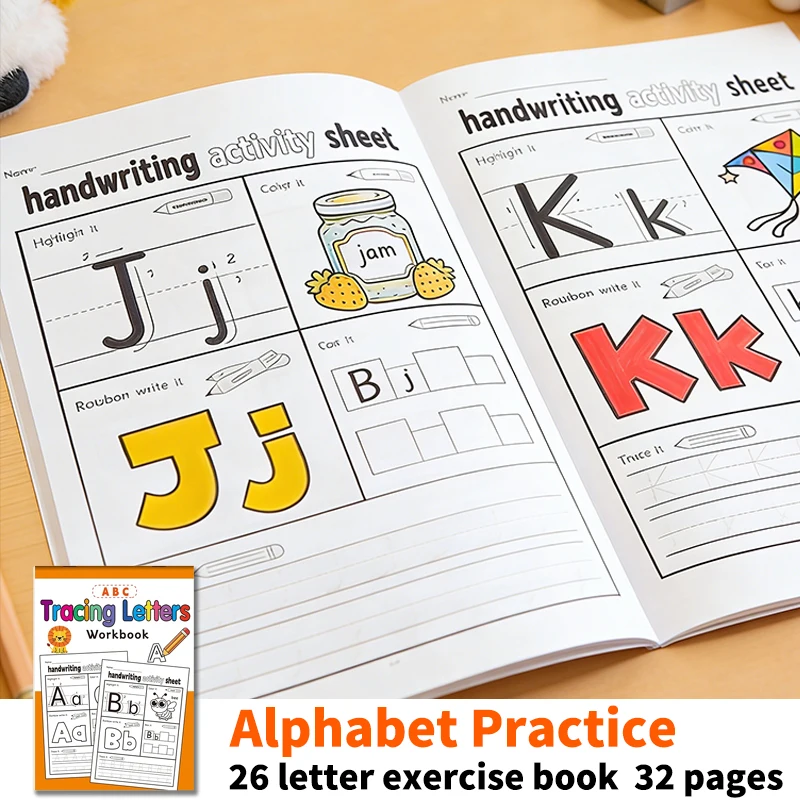 Libro de práctica de 32 páginas para escribir las 26 letras del alfabeto inglés de la A a la Z, incluye ilustraciones y coloreo de letras, libro de práctica de trazado y control del lápiz, material didáctico, cuaderno educativo para niños que aprenden a e
