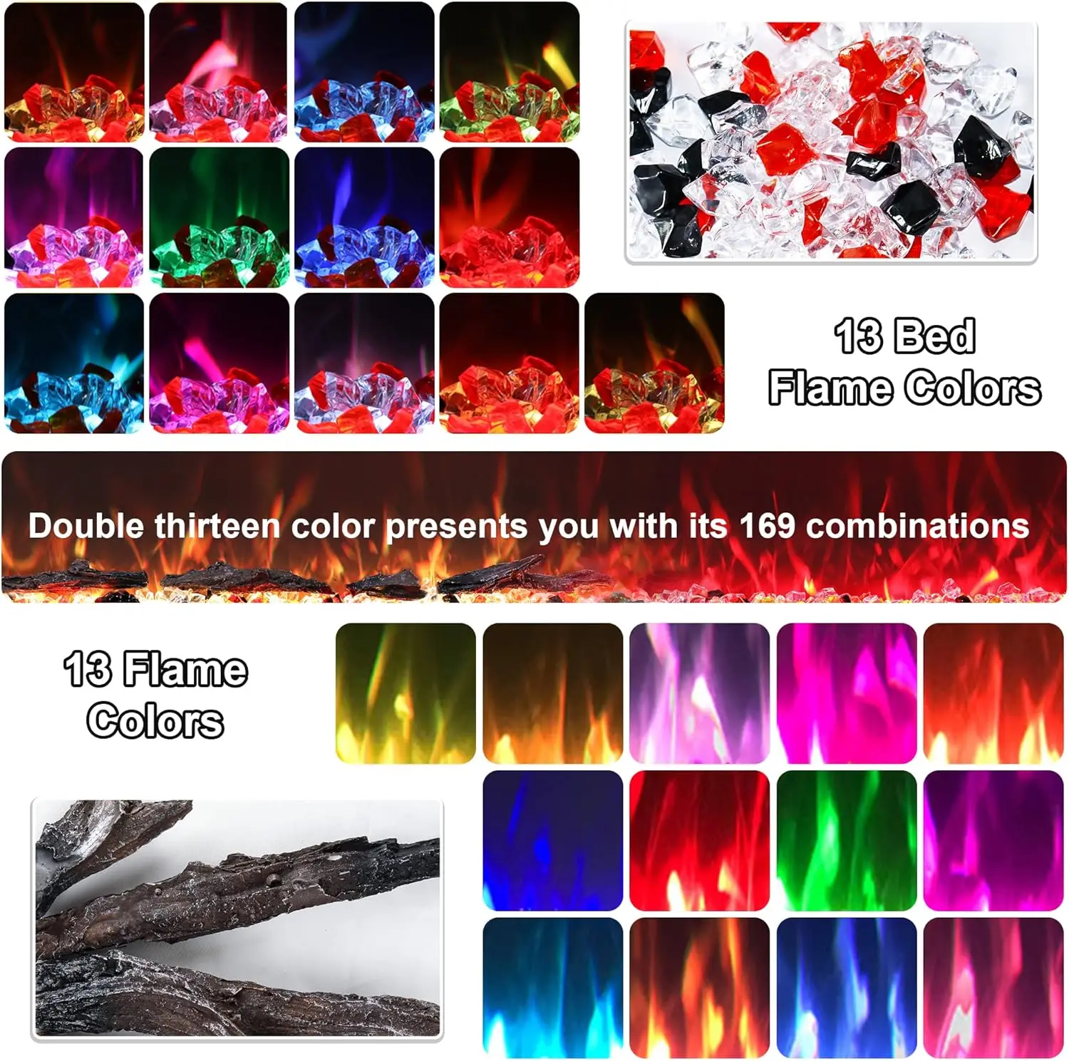 60inch recessed and wall mounted indoor electric fireplace heater. It has remote control, 13color flames,log and crystal