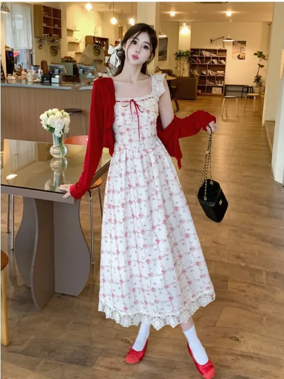 

plus Size Women's Sweet First Love Floral Print Strap Dr Summer New Red Sun Protection Open Cardigan Top Korean Sle Slim...