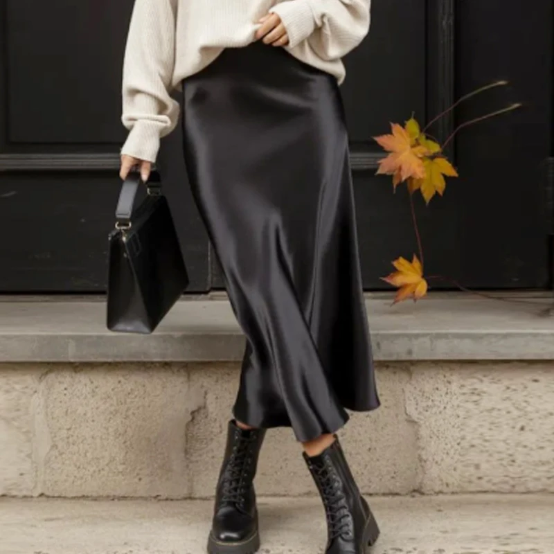 HXAO Eleganter Midi-Satinrock für Damen, Sommer 2026, gepunkteter A-Linien-Rock mit hoher Taille, glatt, in den Farben Schwarz, Weiß, Grün, Khaki. – Detail 6