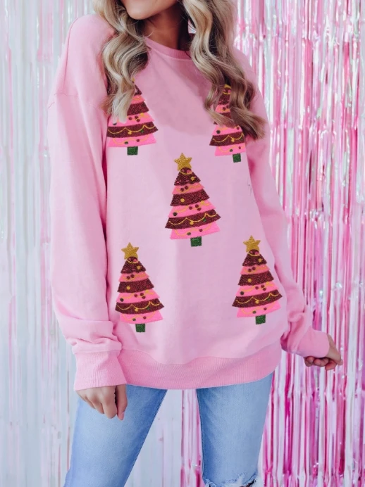 

Christmas Tree Pattern Sequined Round Neck Long Sleeved Sweatshirt for Women Crew Neck Casual Sweatshirt for Winter & Fall