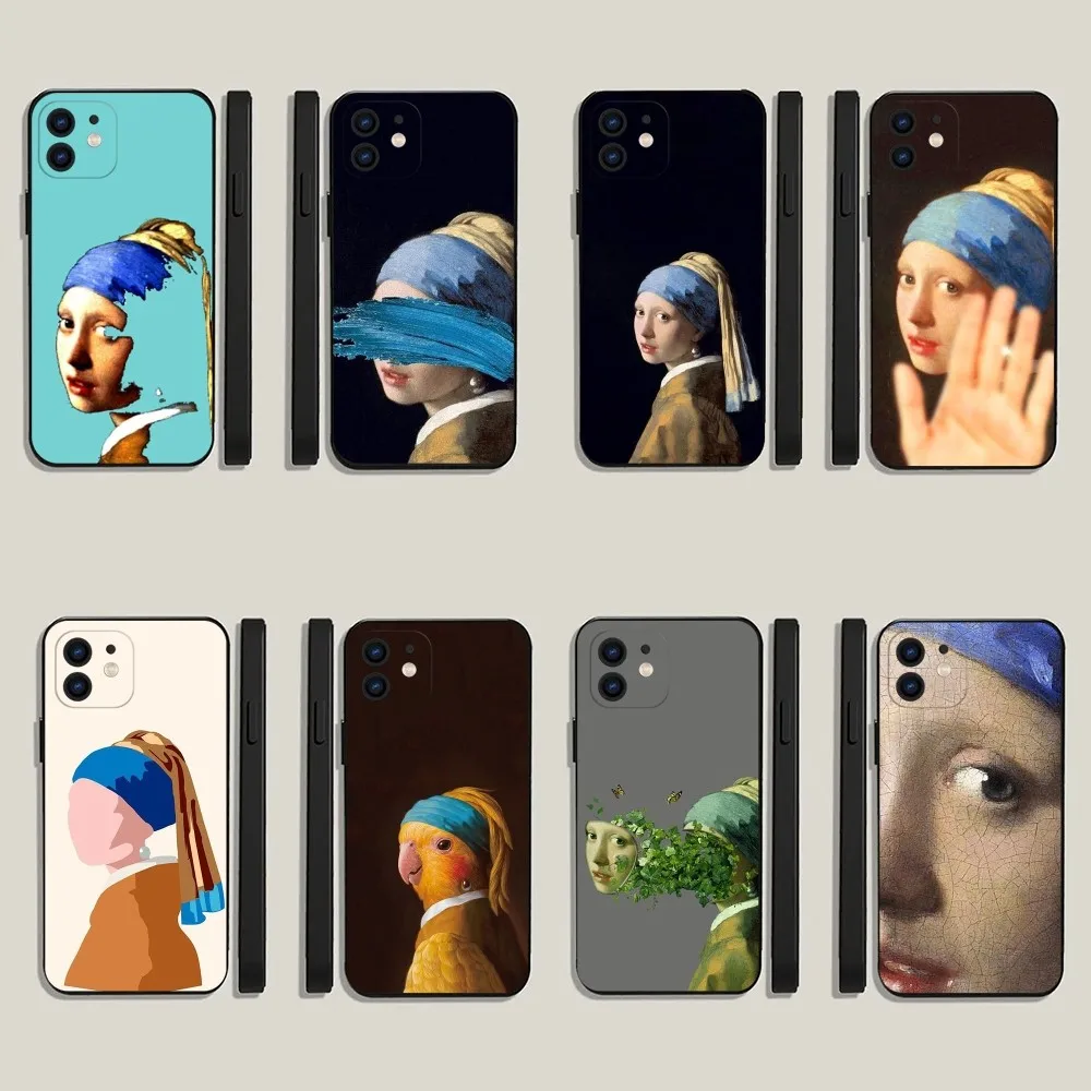 Girl With A Pearl Earring Vermeer Phone Case For iPhone15,14,13,12,11,Plus,Pro Max,XS,X,XR,SE,Mini,8,7 Soft Silicone Black Cover