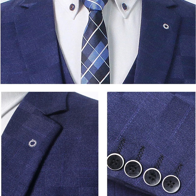 ( Jacket+Vest+Pants ) Boutique Fashion Plaid Men\'s Casual Business Office Suit Three Piece Set Groom\'s Wedding Dress Slim Suits