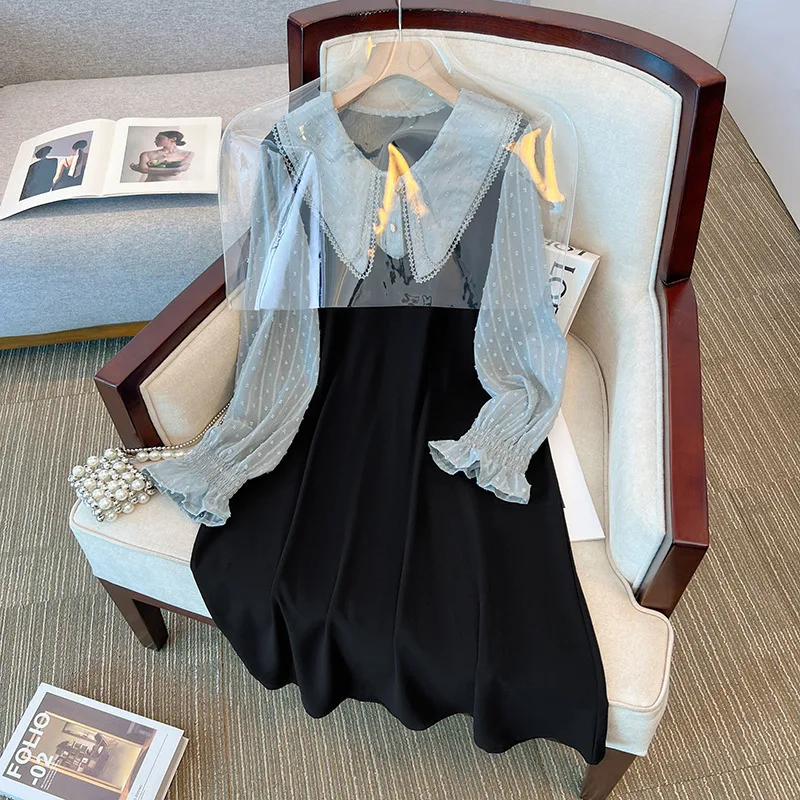 

160Kg Plus Size Women's Bust 160 Spring Autumn Loose Long Sleeve Doll Collar Fake Two Dress Black 5XL 6XL 7XL 8XL 9XL 10XL