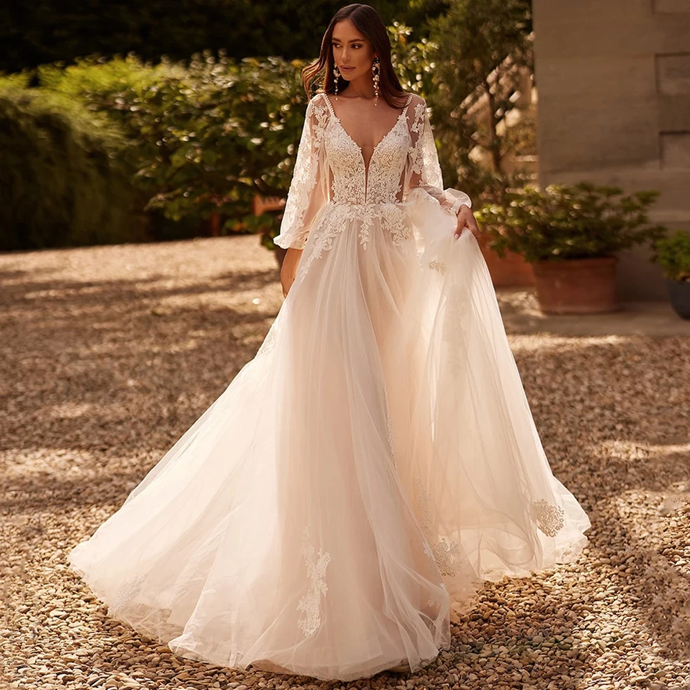 

Charming Wedding Dresses V Neck Customized Full Sleeve Bride Gown Soft Tulle Applique A-Line Court Train فستان حفلات