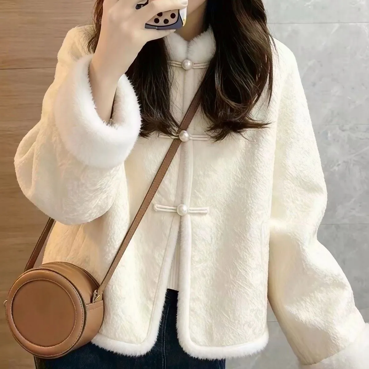 Women Faux Fur Short Coat Retro Chinese Frog Buttons Stand Collar Fuzzy Plush Warm Winter Jacket Ladies Elegant Daily Outerwear