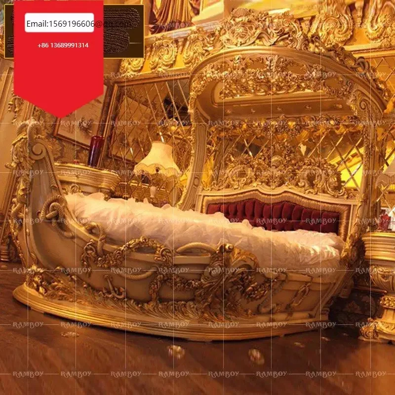 

Luxury boat bed villa solid wood gold foil double bed emperor prince court pirate wedding bed