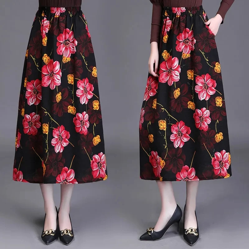 Large Size Retro Linen Long Skirt Women Summer High Waist A-line Skirts Korean Loose Flower Print Cotton Linen Dance Skirts 4XL