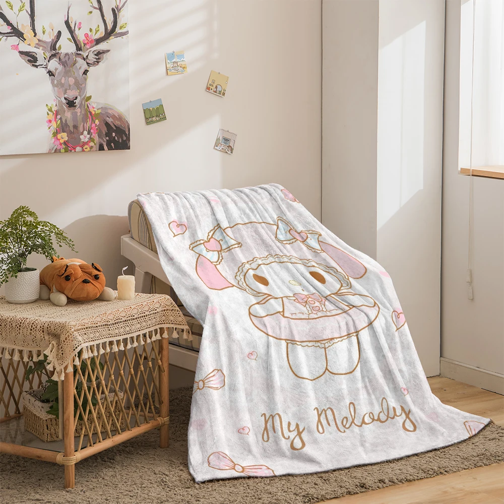 My Melody Sanrio Cartoon Printed Flannel Blanket.Sofa .Bedroom.Bed Home Office Nap Blanket Car. Travel Picnic Blankets Gift