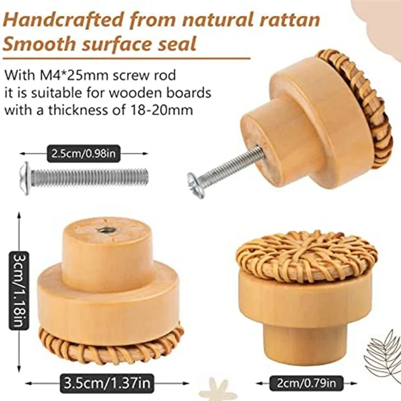 Lèvent de Commode Boho en Rotin, Ronds en Bois, avec Vis, de 35mm, 12 Pièces