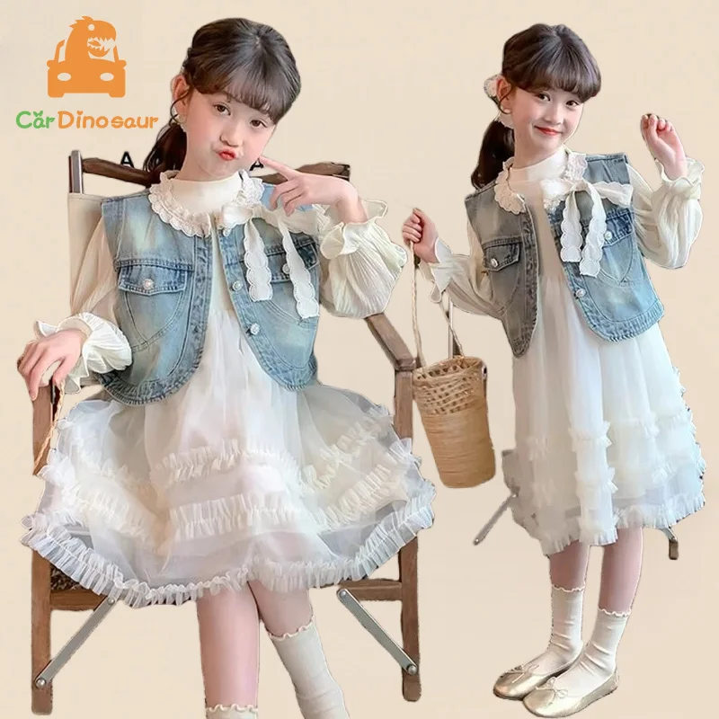 

2025 Spring Autumn Clothing 6 8 10 12 14 16 Years Teenager Children Clothes Princess Dresses With Denim Vest For Kids Baby Girls