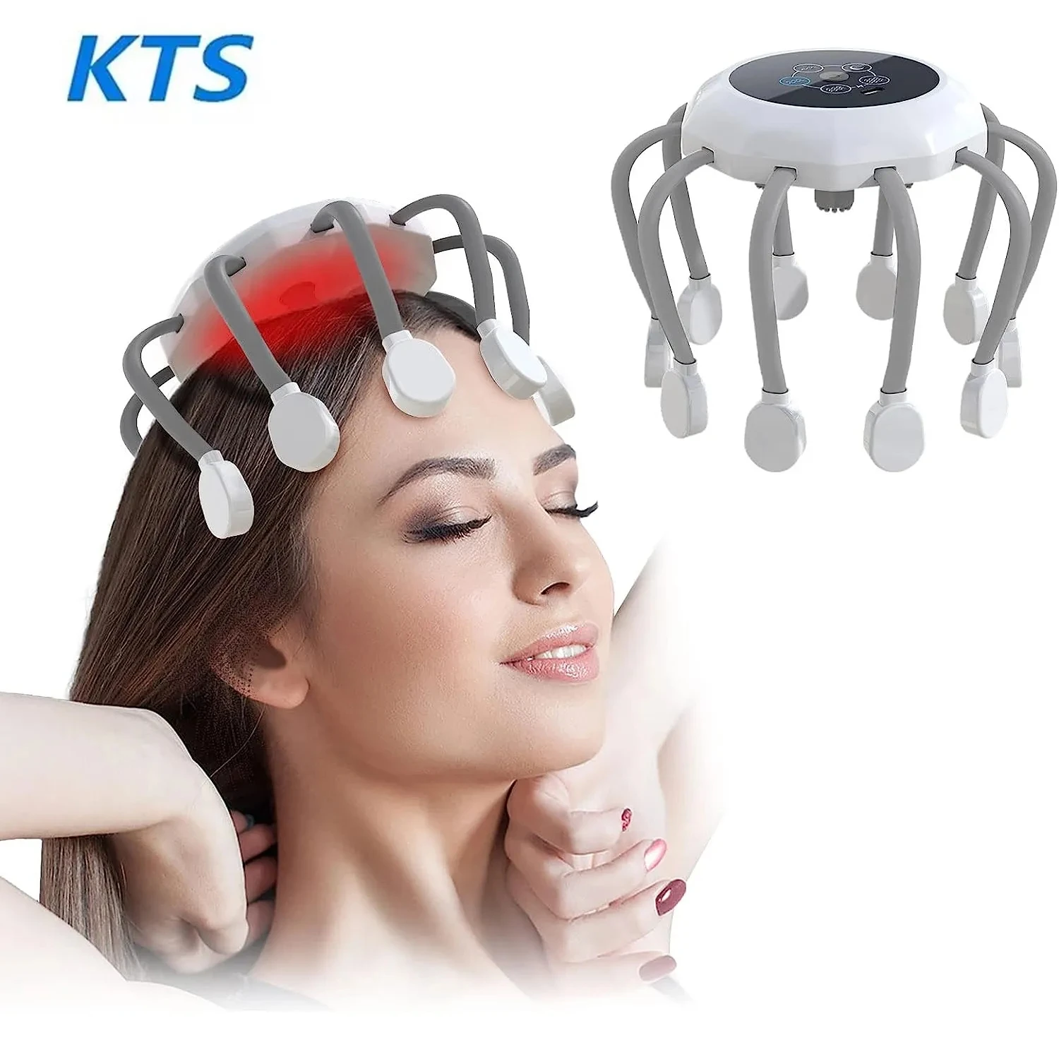 KTS Electric Head Massager Octopus Scalp Massage Music 5 Modes 14 Vibrating Contacts Red Light Therapy For Relax Stress Relief