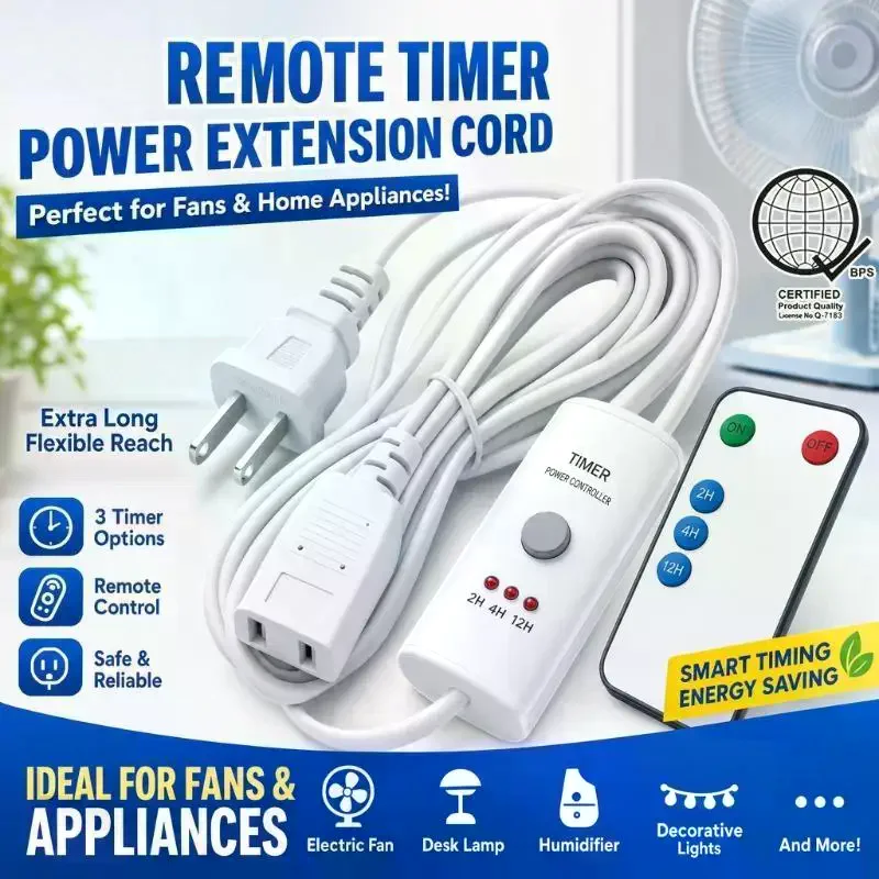 Two Prong Power Extension Cord With Thick Flexible Core Timer Option For Home Lamp Fan Phone Charger Electrical For Daily Use