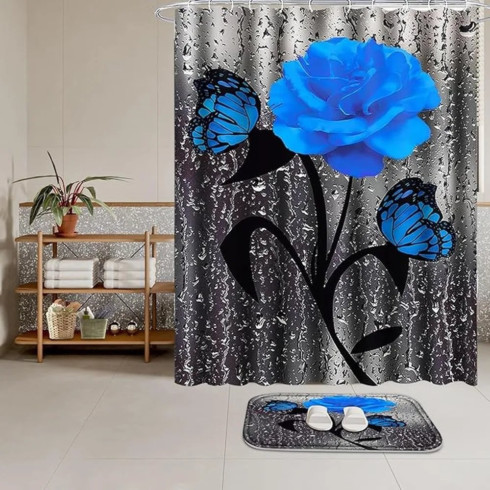 Stylish Royal Blue Shower Curtains For Bathroom Along With Complete Leopard Bathroom Set For Luxury