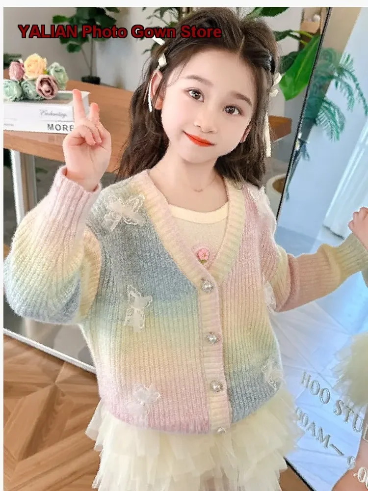 Girls Gradient Knit Jacket Thicken Warm Stylish Winter Outfit for Children 2026 Kids