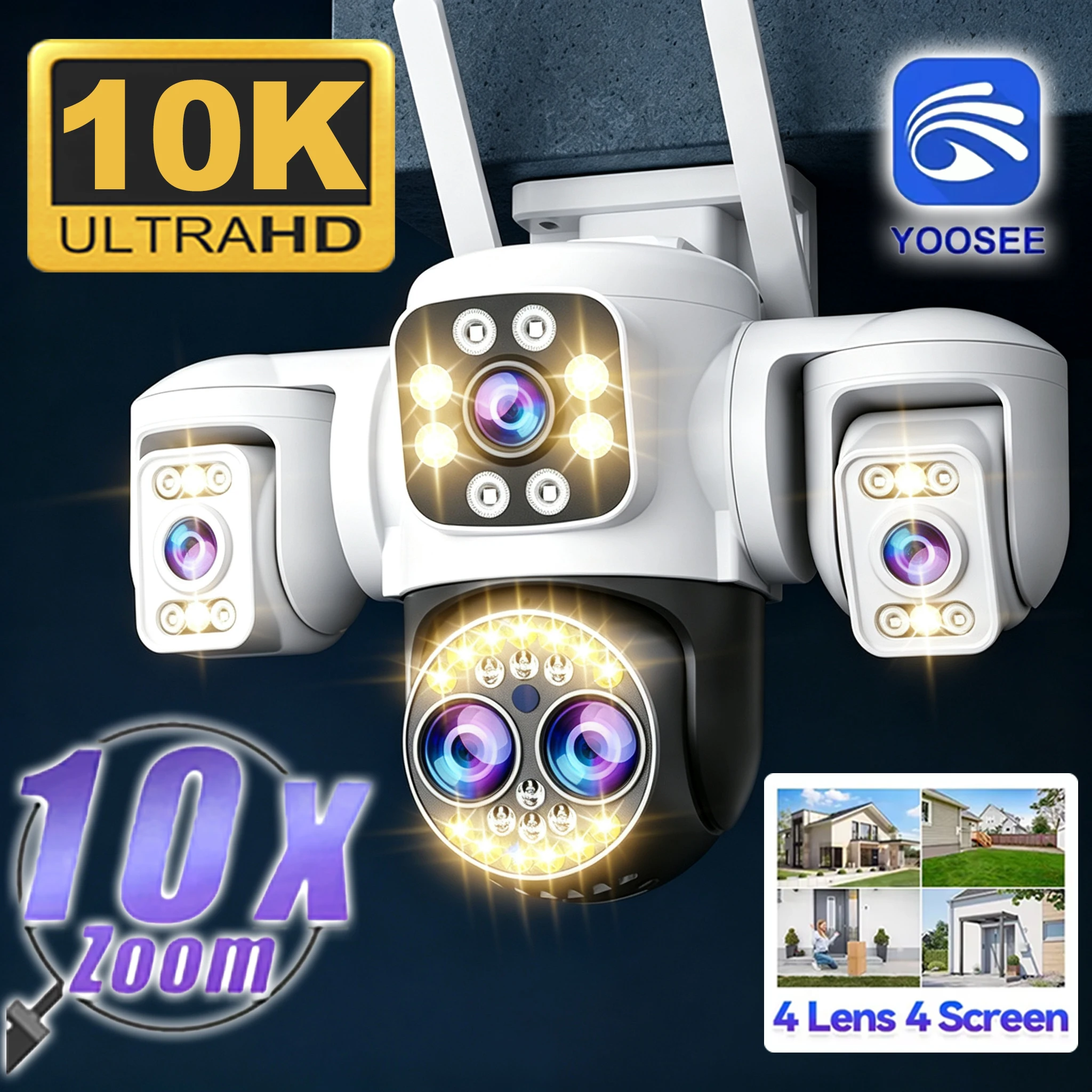 20MP 10K WiFi Security Camera Outdoor Four Lens Triple Screen 10X Zoom 360° PTZ CCTV Ai Surveillance Waterproof  Camera Yoosee