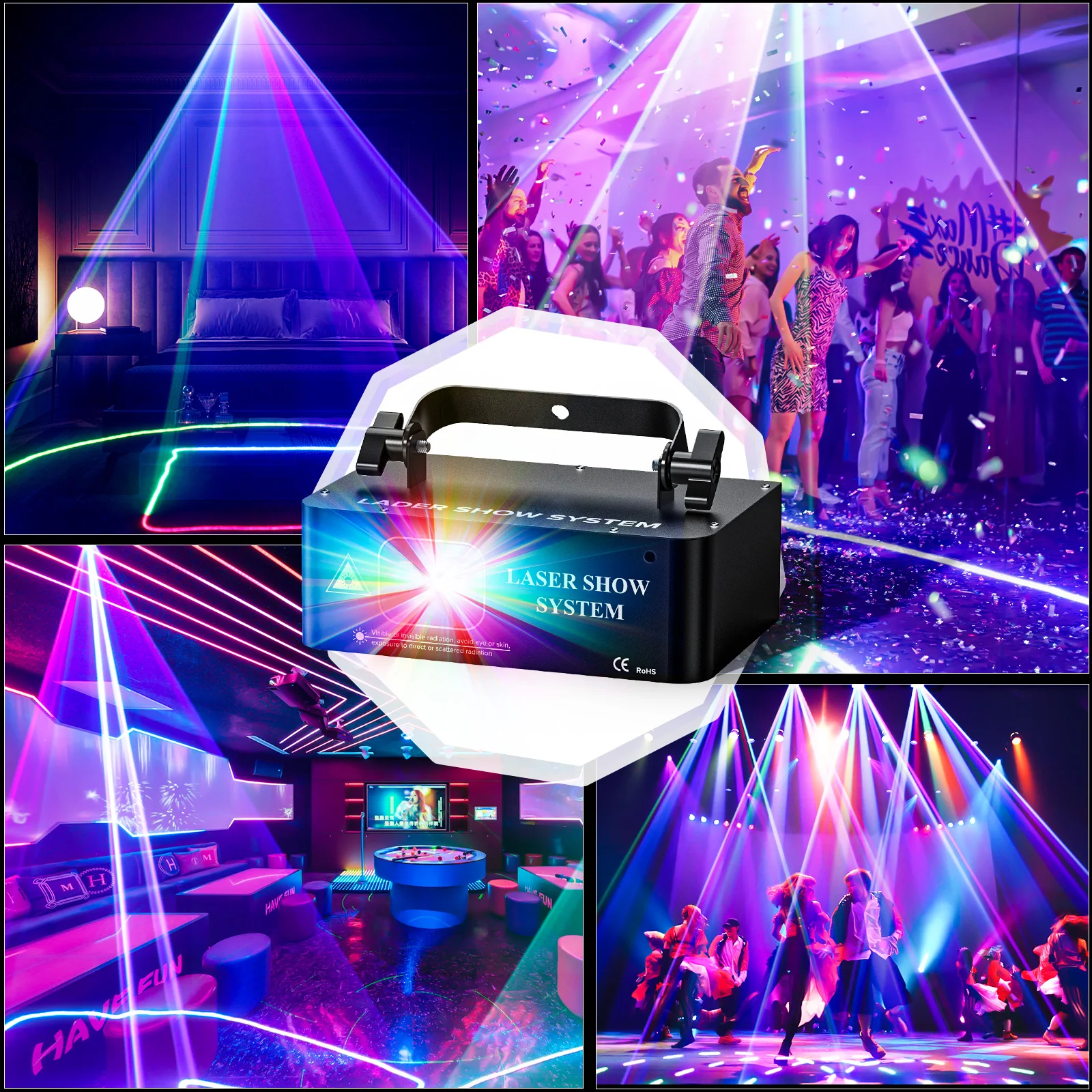 U`King DJ Laser Party Lights Animazione 3D RGB Laser Beam Scansione Proiettore Luce DMX512 Luce da palcoscenico per Bar Festa di nozze