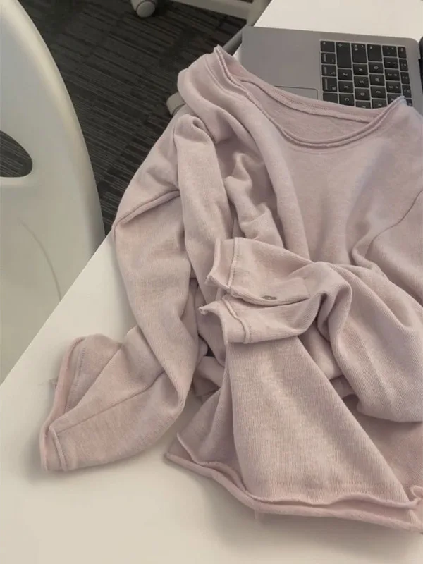 

Loose Long Sve T-irt Women's Roll up Oversized Comfortable Fit Korean Sle Polyester Fiber Knitted Top for Autumn