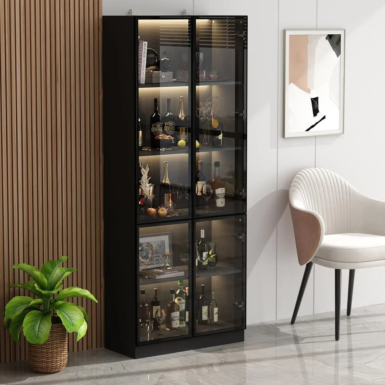 Bookcase Bookshelf with 5-Tier Shelves, 4 Glass Doors and LED Lights, Wooden Display Storage Cabinet for Home Office