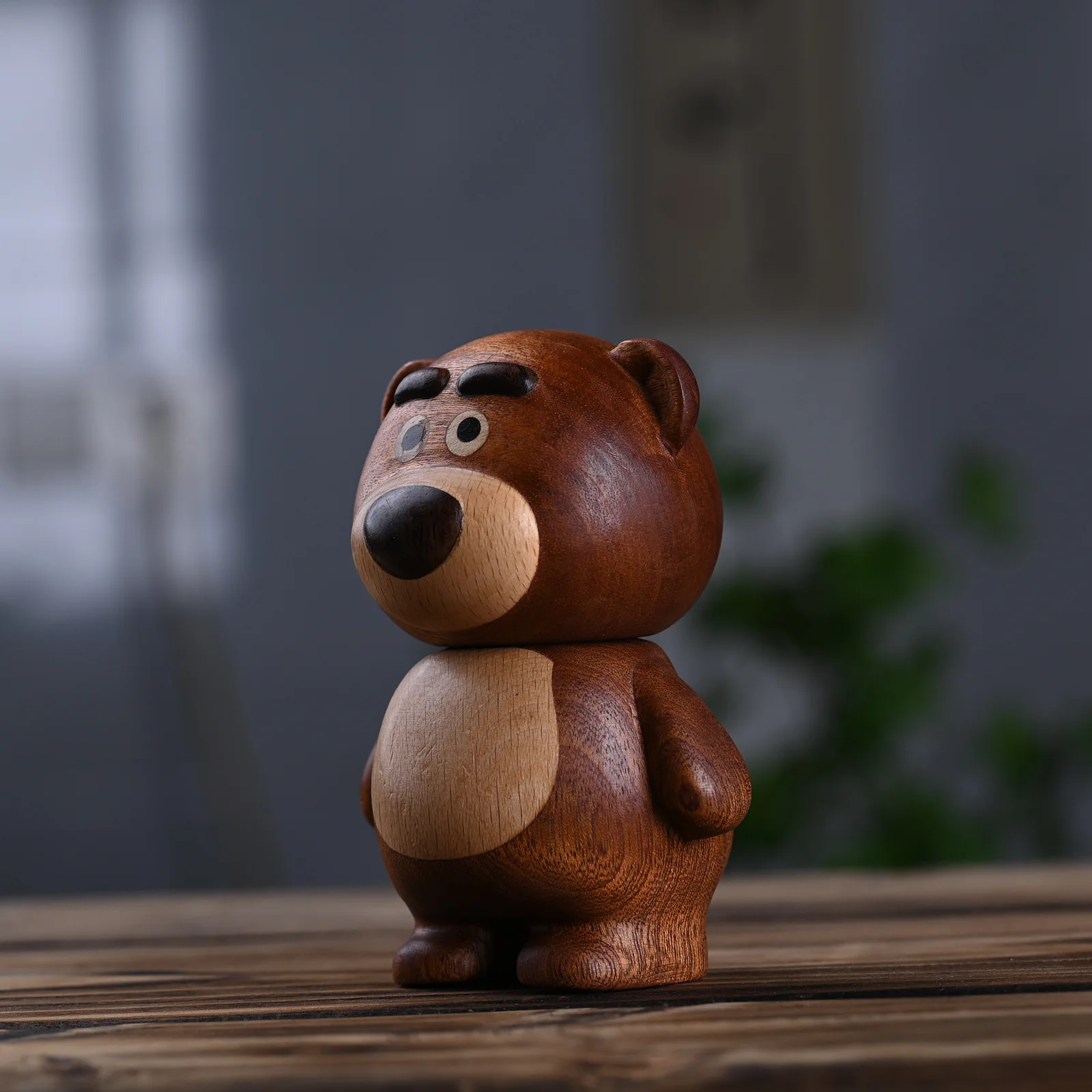 Miniature Solid Wood Carving Cute Little Bear Statuette Toothpick Jar 4.13