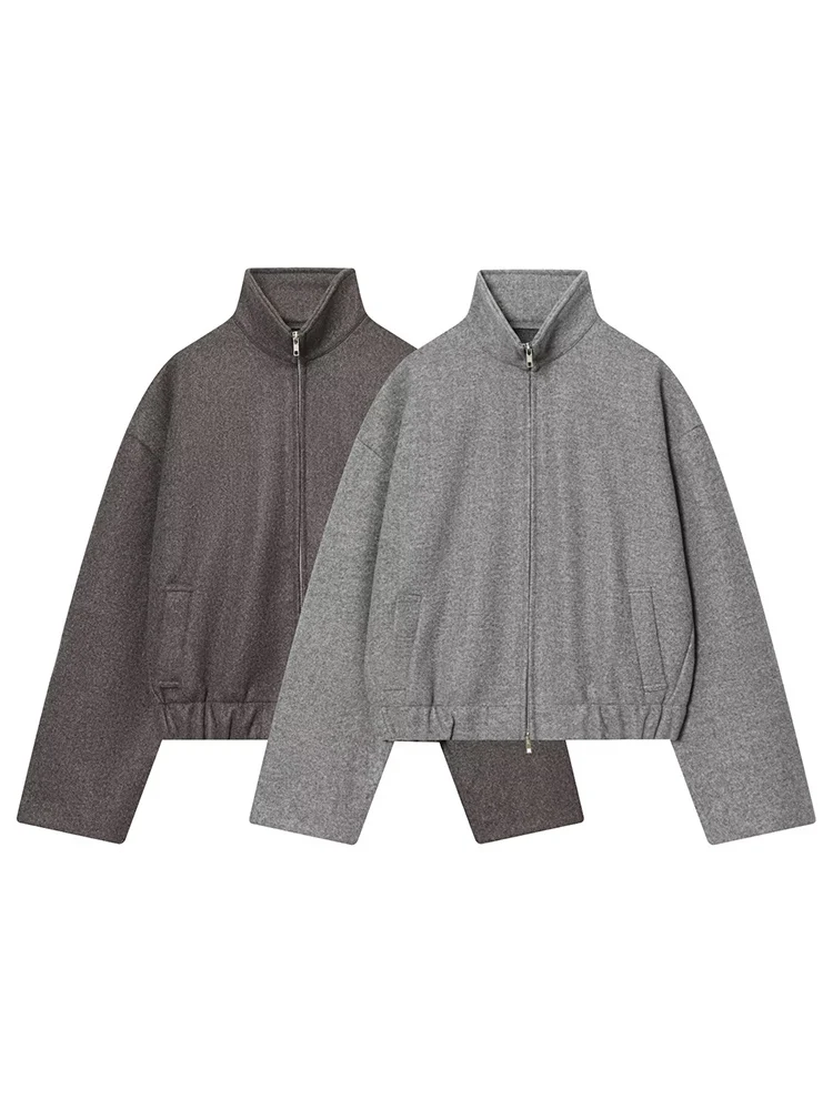 

TFMLN Women Stand Collar Bomber Jacket Autumn Long Sleeve Simple Style Jackets With Pocket Casual Loose Coats Female New