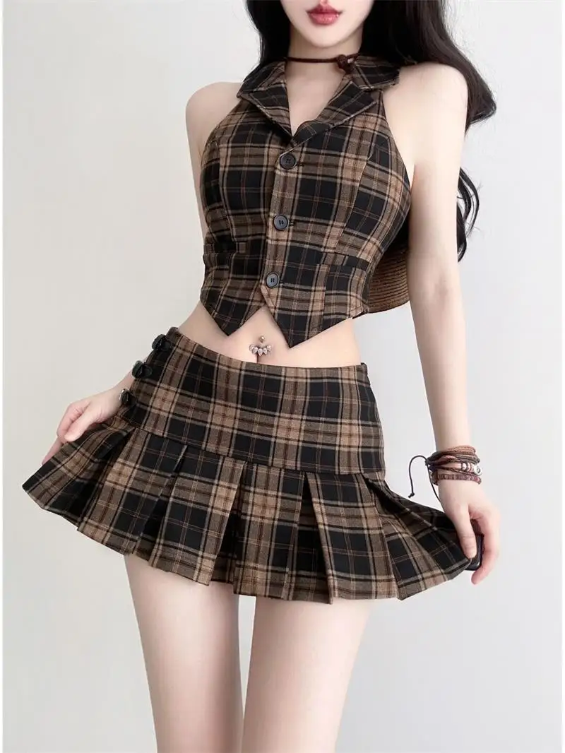 

Onalippa Subculture Y2k Millennium Spicy Girl Retro Checkered Vest High Waisted Short Skirt Women Summer Niche Two-piece Set