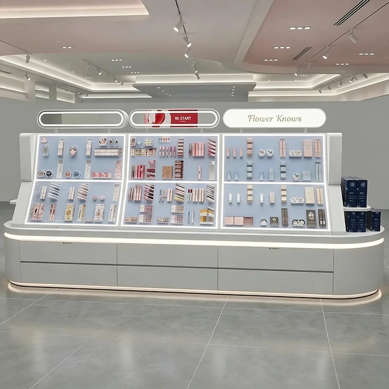 custom.Customized cosmetic display cabinet with mirror, lipstick display rack with lights, beauty shop shelves, skincare display