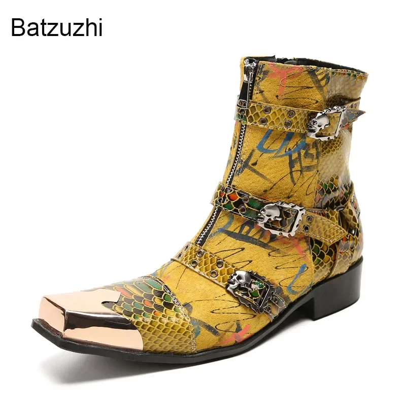 Batzuzhi Punk Rock Men Boots Square Toe Golden Leather Men's Boots Zip Golden Cap Head Motorcycle Boots Men, Big Size 38-46!