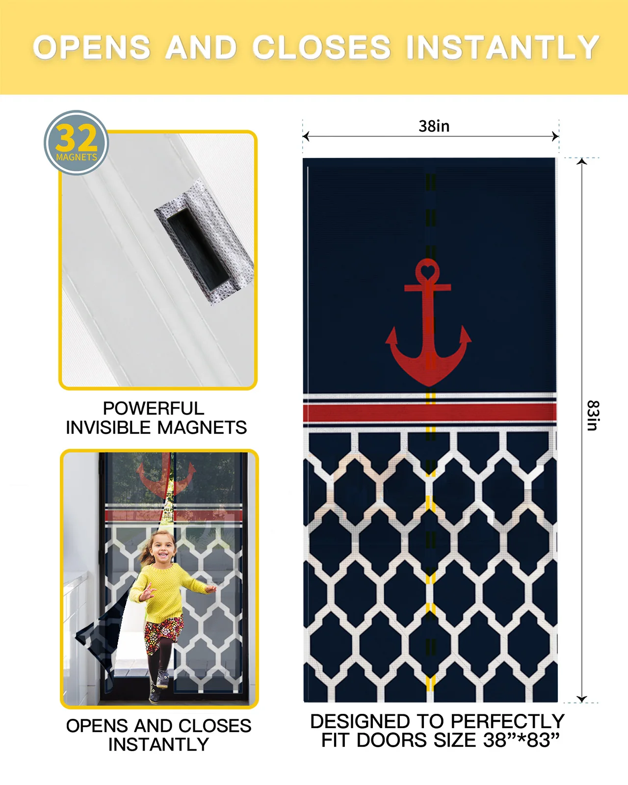 Navy Striped Anchor Summer Magnetic Screen Door Curtain Anti Mosquito Net Insect Fly Bug Kitchen Curtains